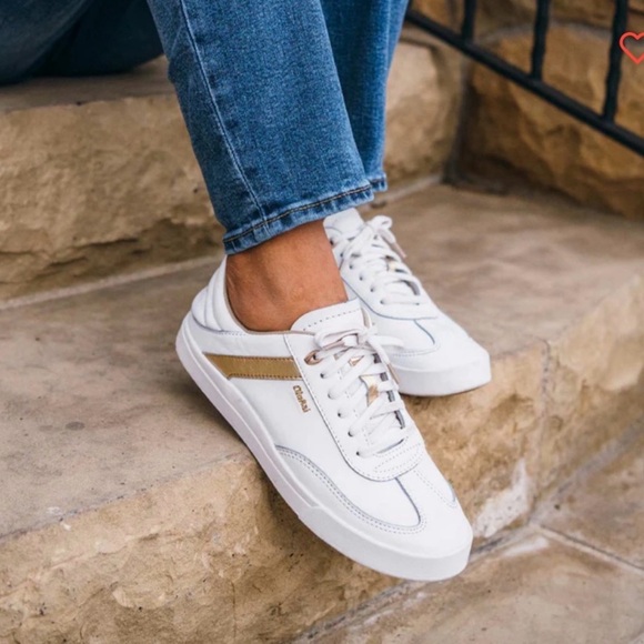 OluKai Shoes - Women’s OluKai Ha’upu White Leather Sneakers with Gold Stripe Detail Logo Size 8